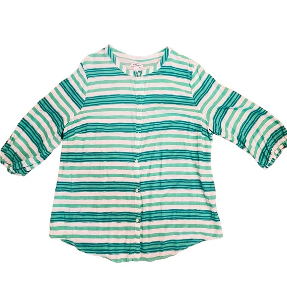 OLD NAVY SZ XL GREEN WHITE MULTI BUTTON FRONT BLOUSE EUC - Picture 2 of 10